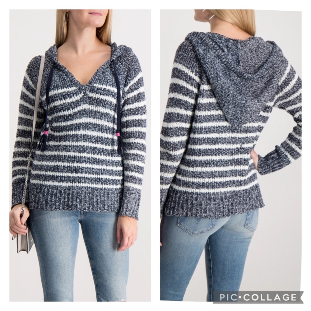 White + Warren Speckled Striped Hooded Sweater w/Tassels in Navy & Ivory Size XL